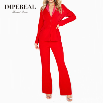 OEM design fashion casual red long sleeve two piece set women suit